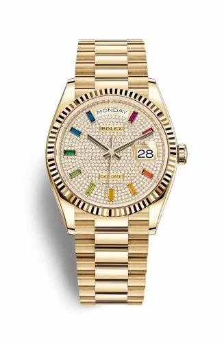 Rolex Day-Date 36 Yellow Gold / Fluted / Paved-Rainbow / President 128238-0051 (M128238-0051)